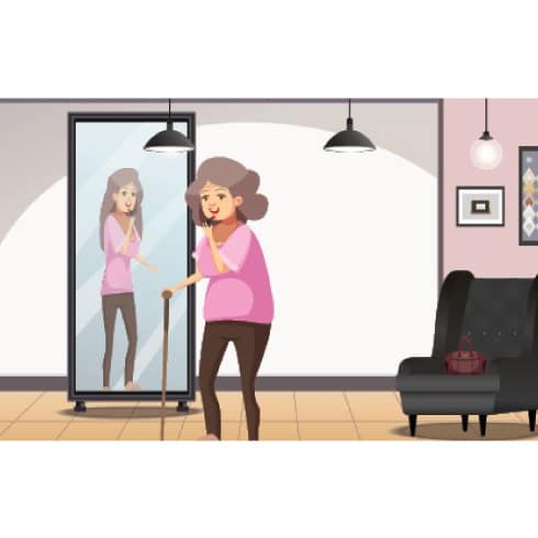 אישה מבוגרת מול מראה ורואה את עצמה צעירה